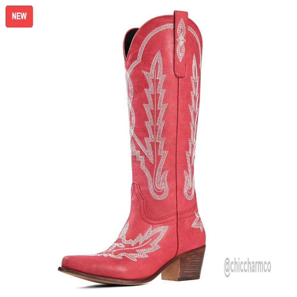 Knee High Cowgirl Boots Embroidered Pull On Pointed Toe Chunky Heel Wide Calf